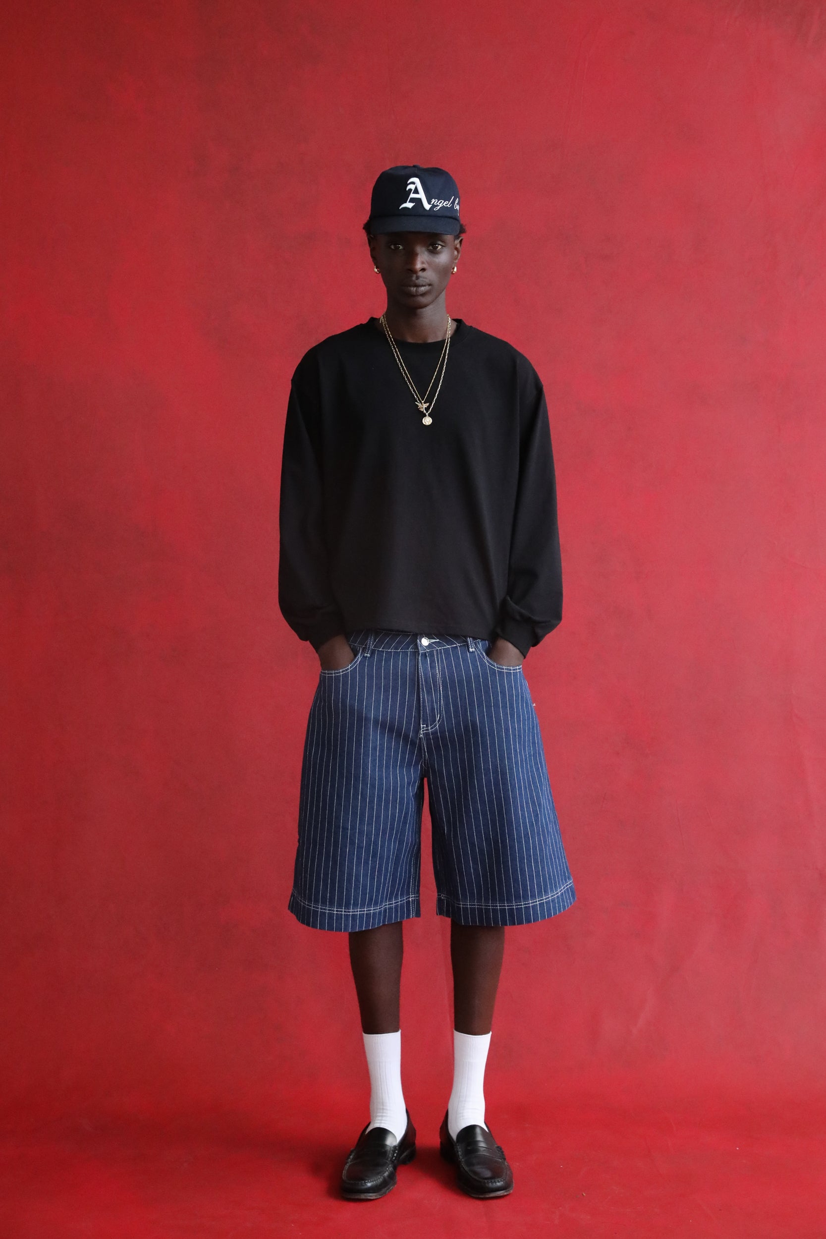 Navy Pinstripe Denim Shorts