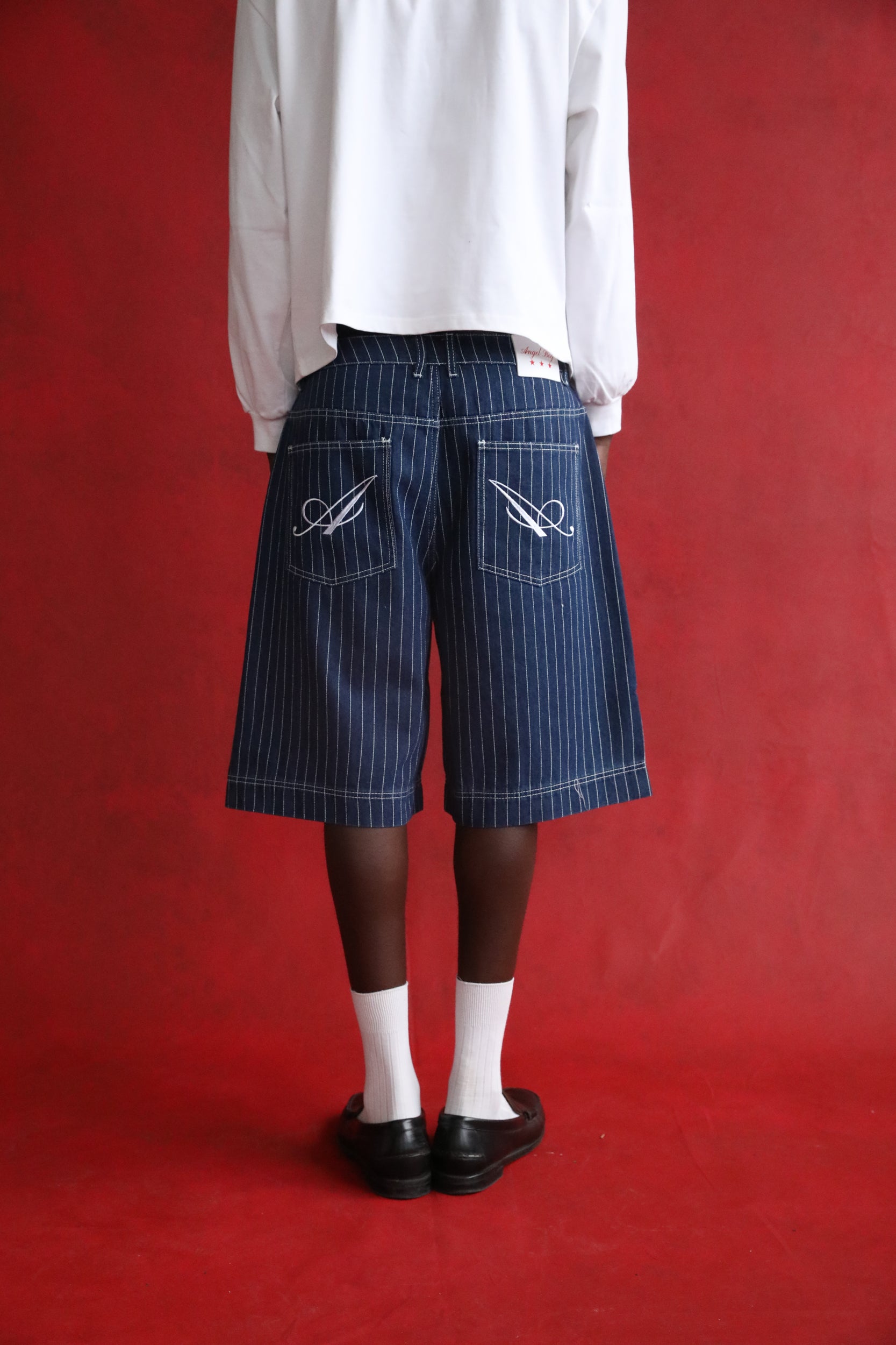 Navy Pinstripe Denim Shorts