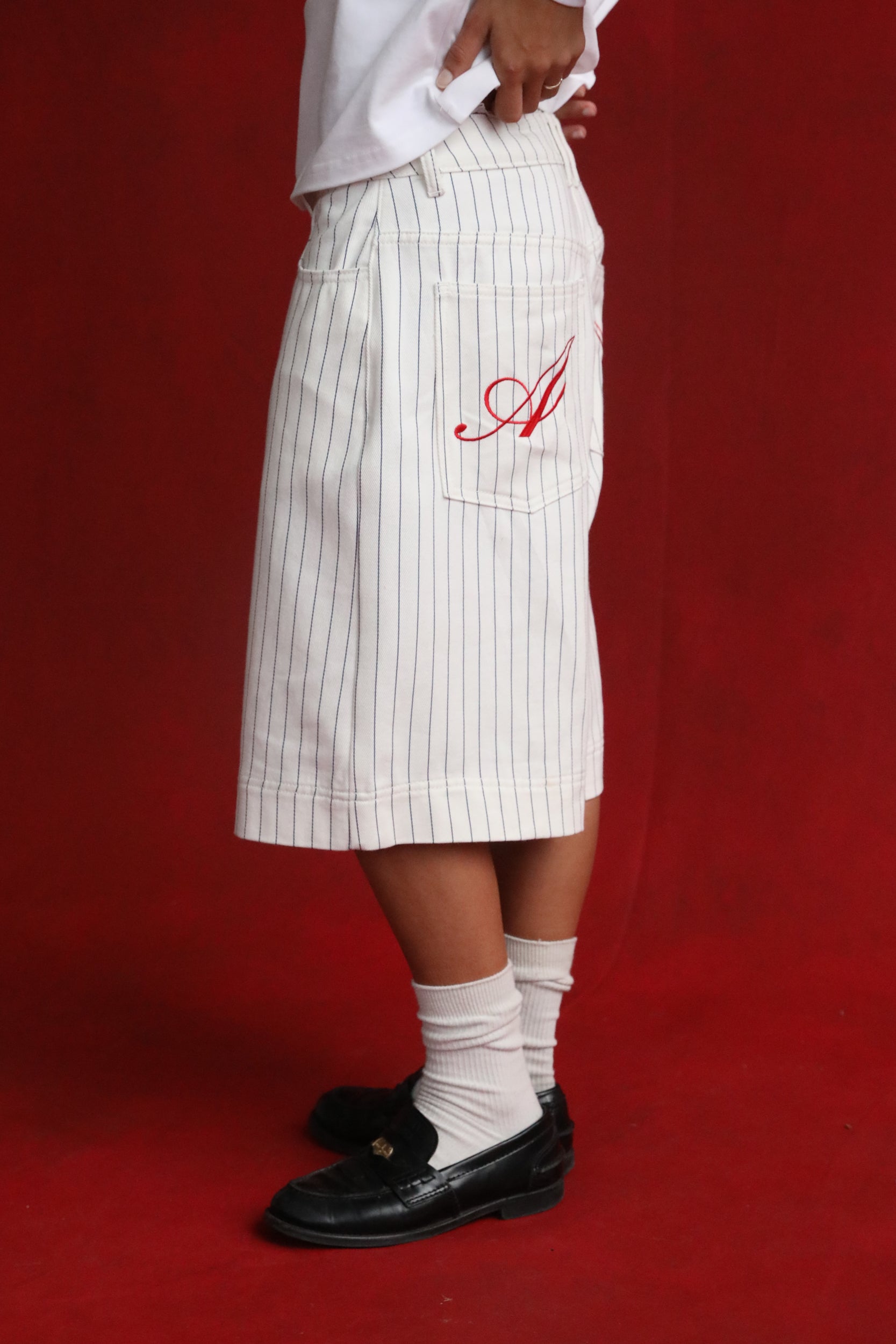 White Pinstripe Denim Shorts