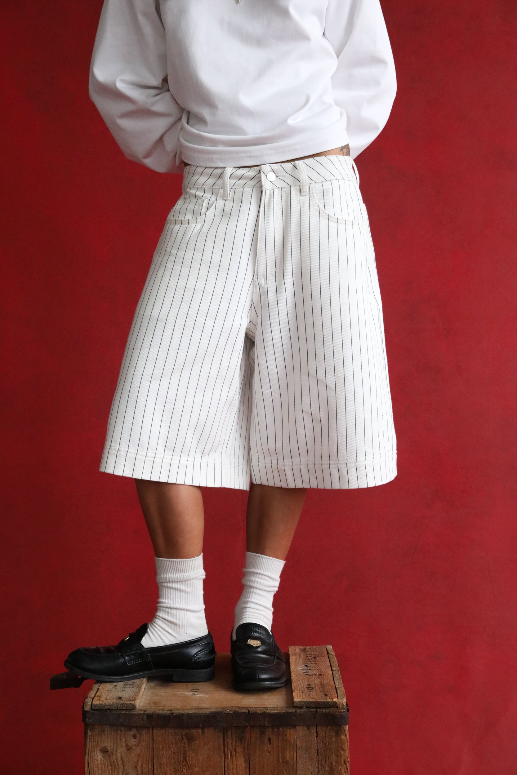 White Pinstripe Denim Shorts