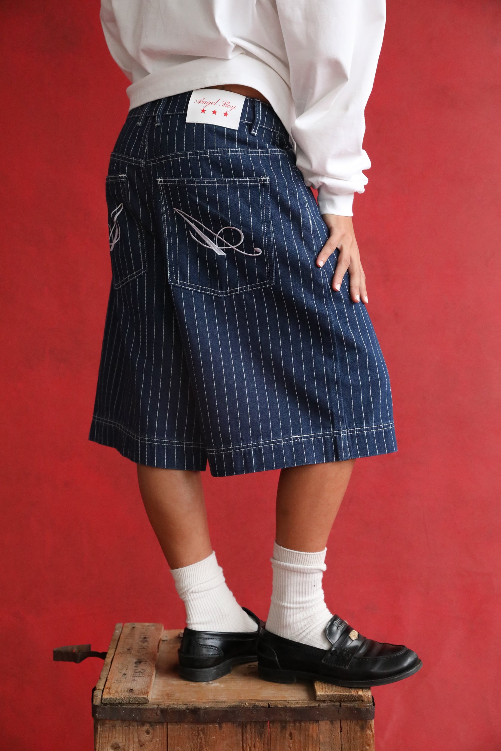 Navy Pinstripe Denim Shorts