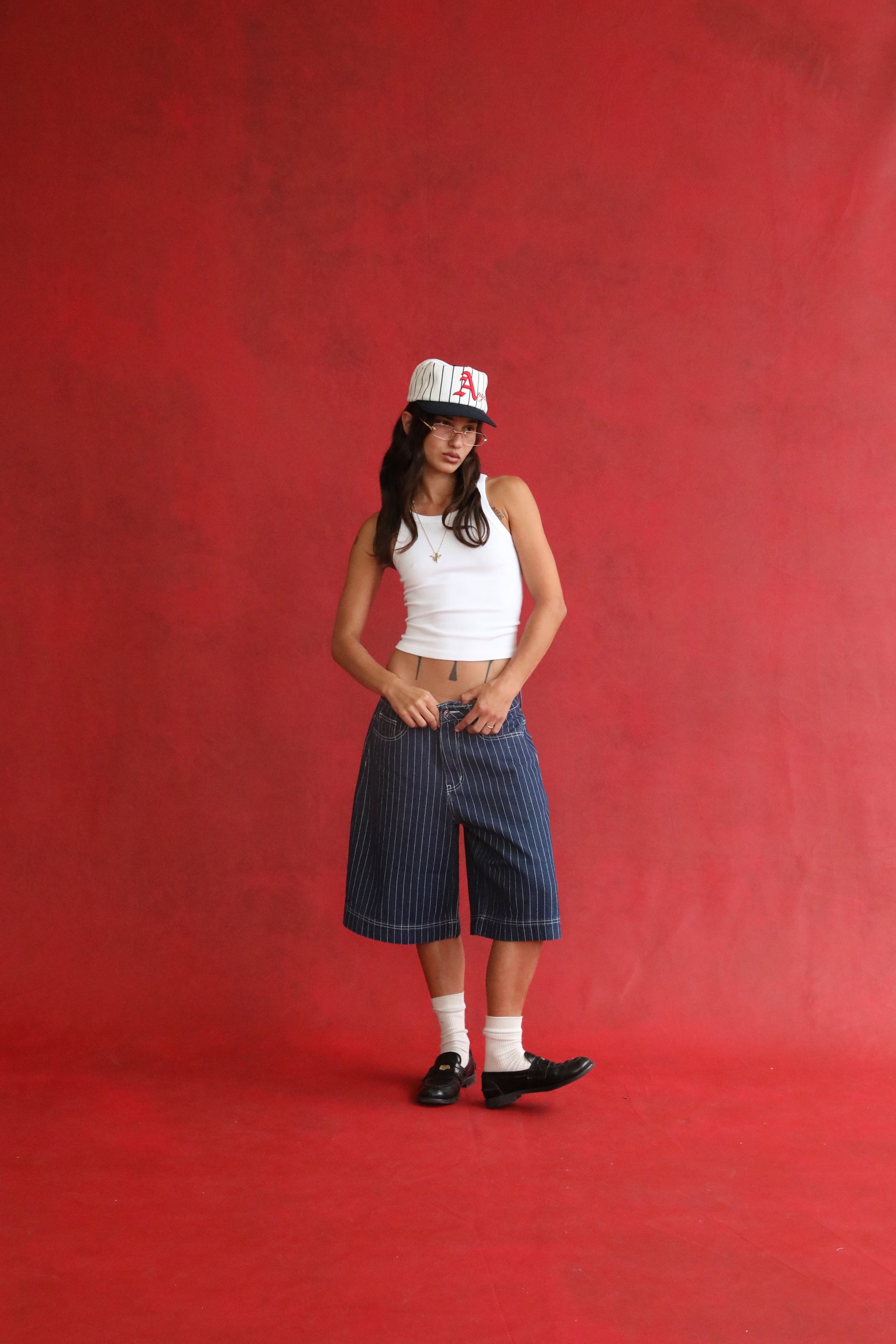 Navy Pinstripe Denim Shorts