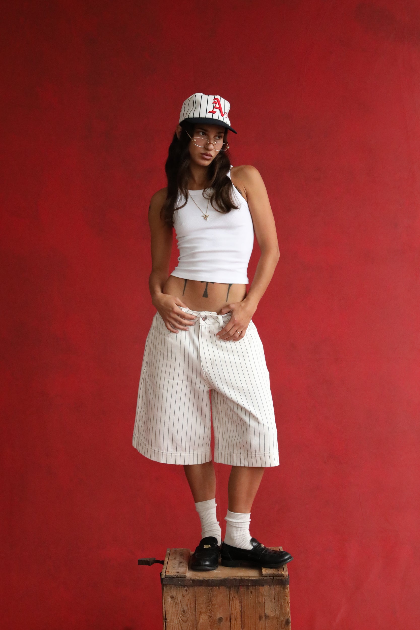 White Pinstripe Denim Shorts