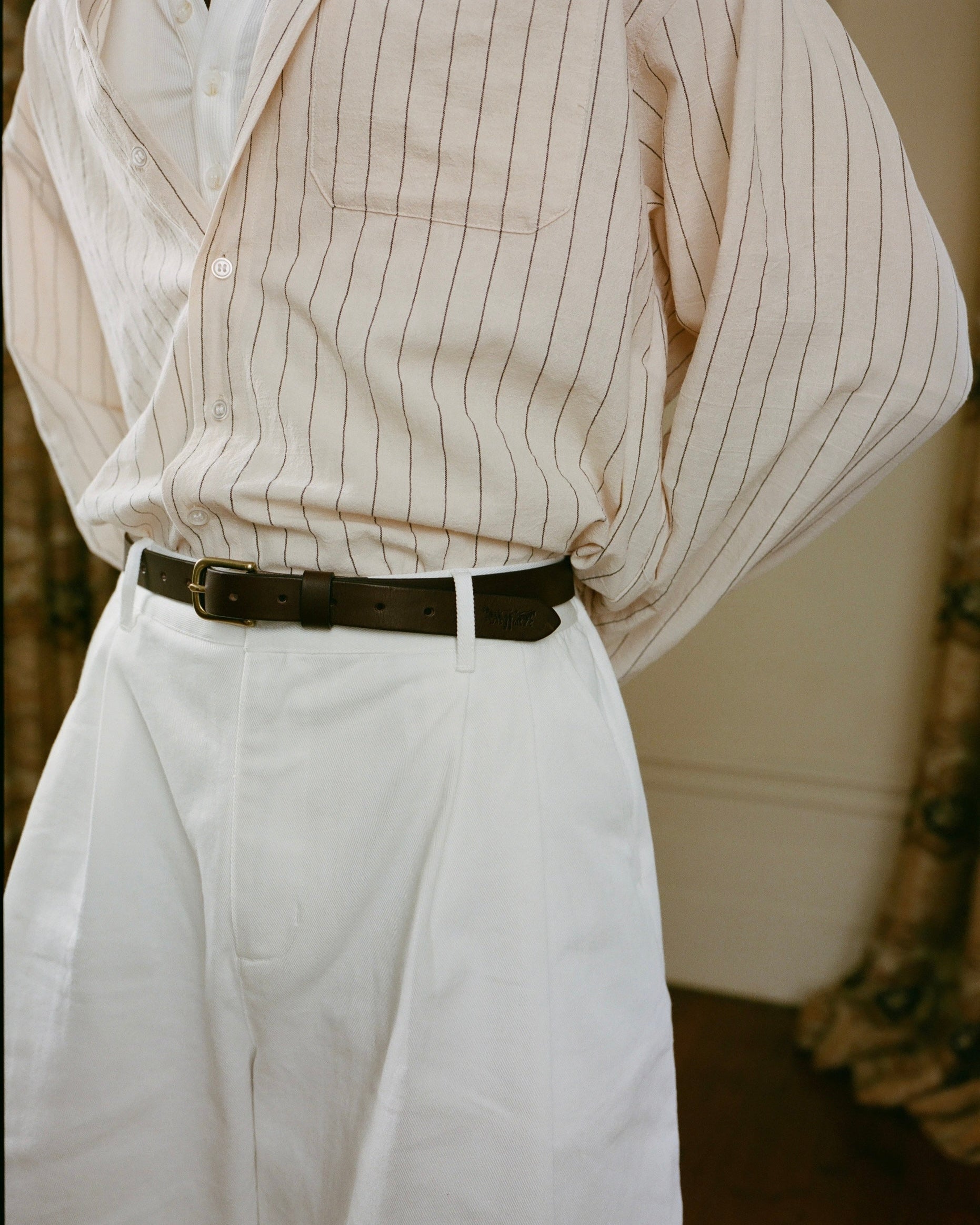 Beige Pinstriped Long Sleeve Shirt