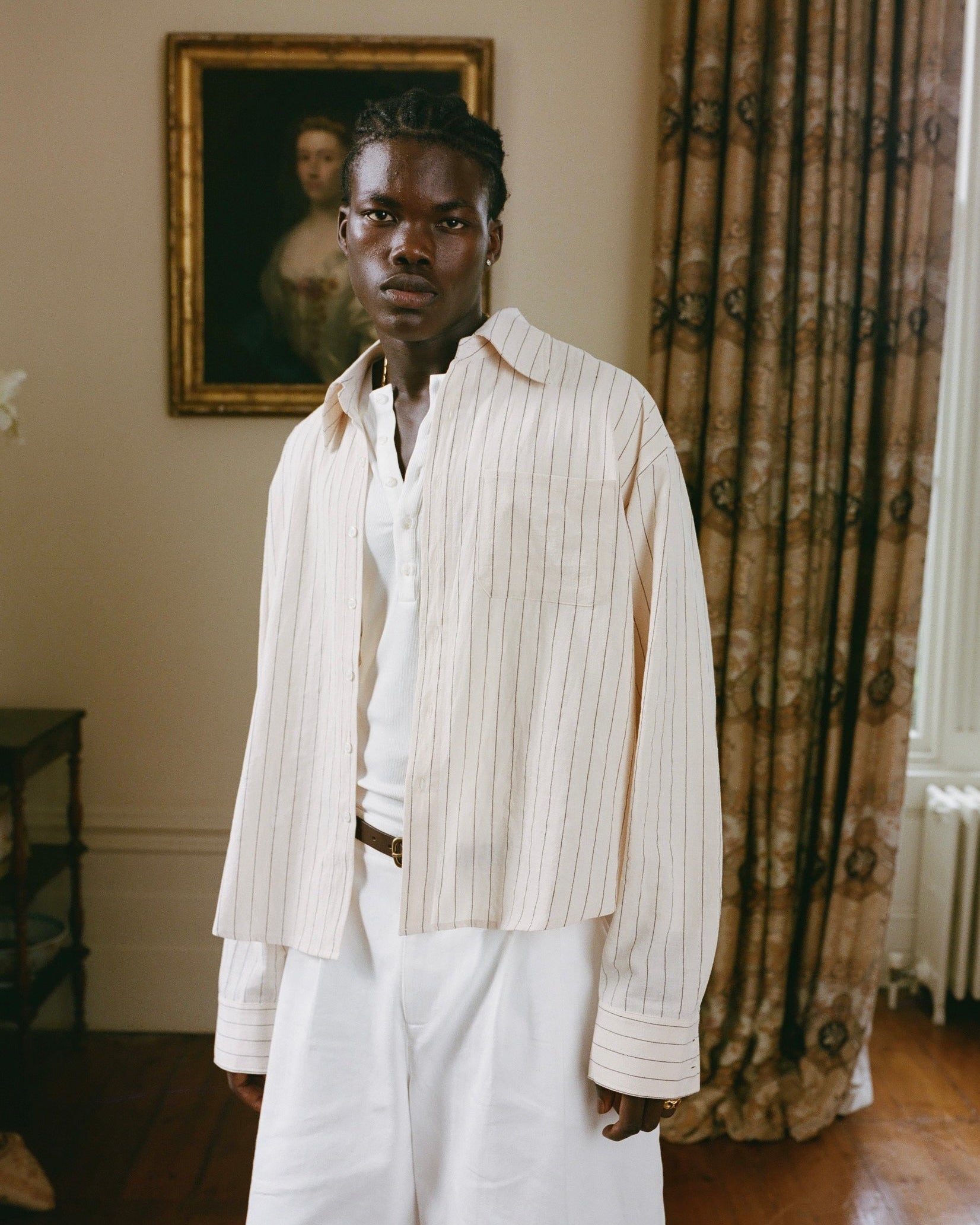 Beige Pinstriped Long Sleeve Shirt