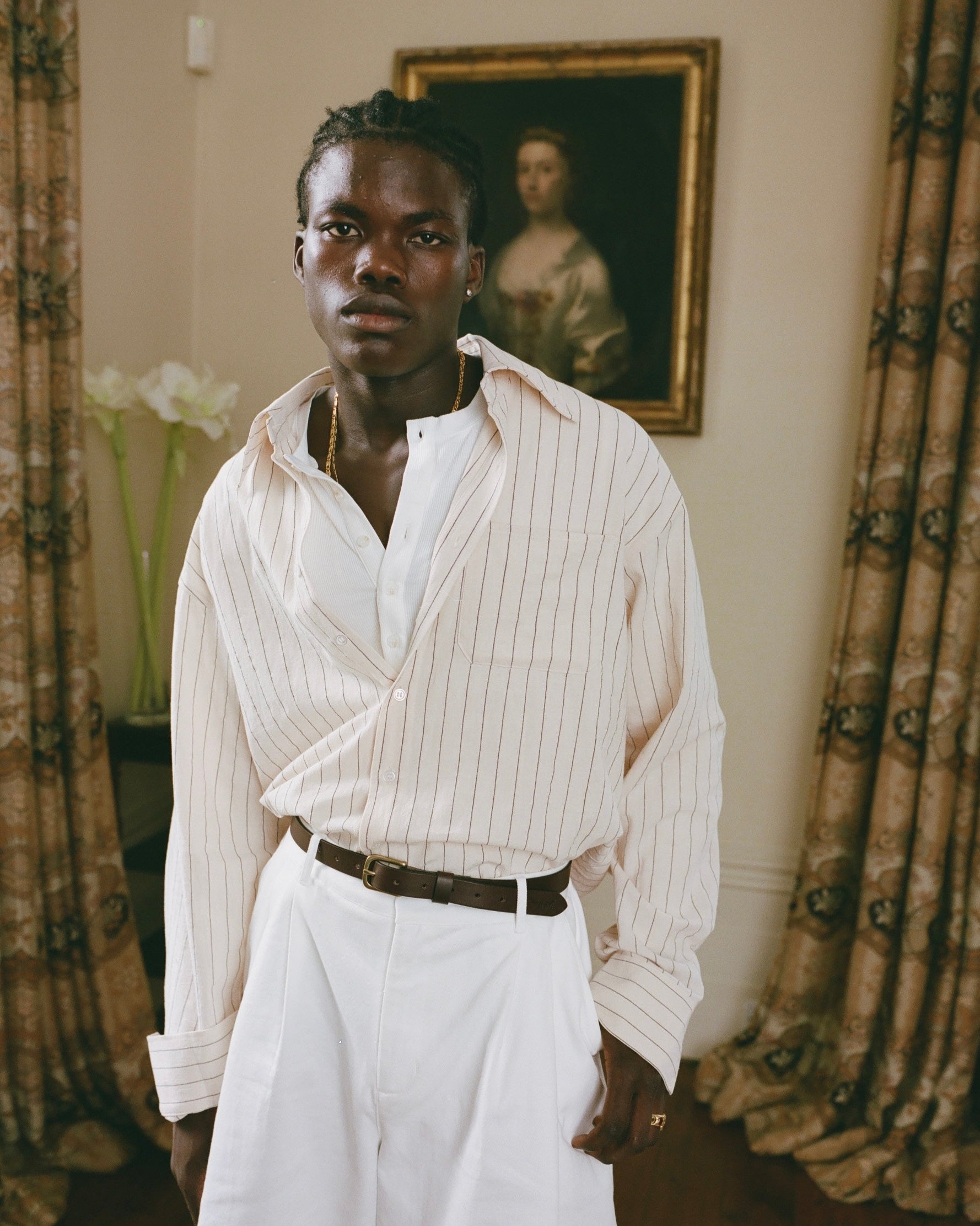 Beige Pinstriped Long Sleeve Shirt